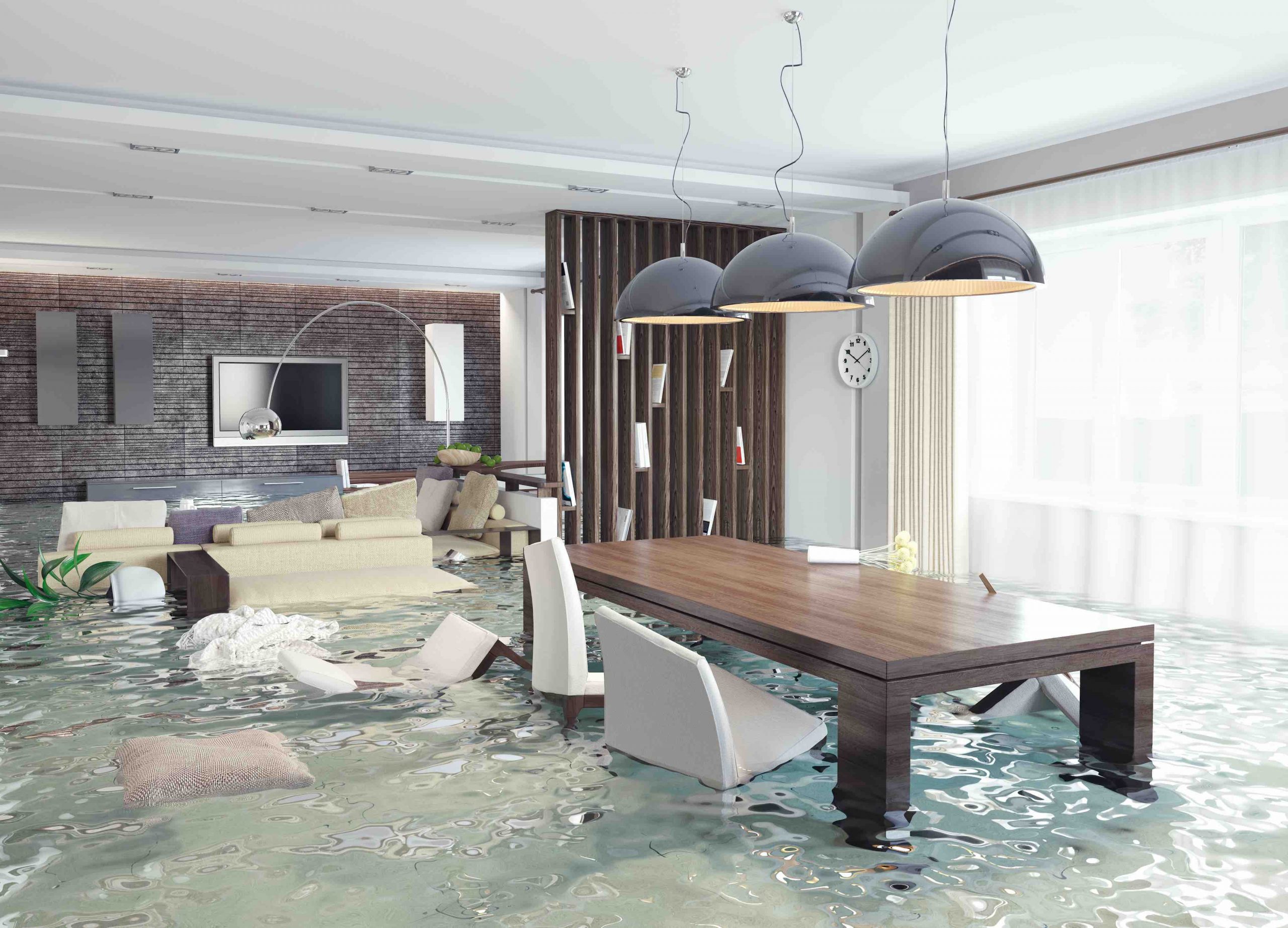 A flood damaged property with deep water in a home's dining room.