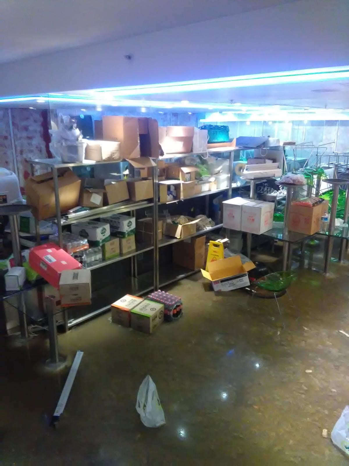 A stockroom affected by a sewage spill.