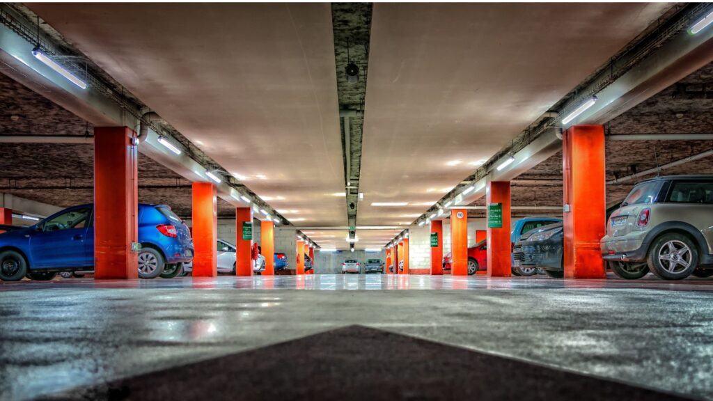 The inside of a multi-storey car park.