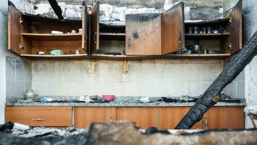 Fire and smoke damaged kitchen