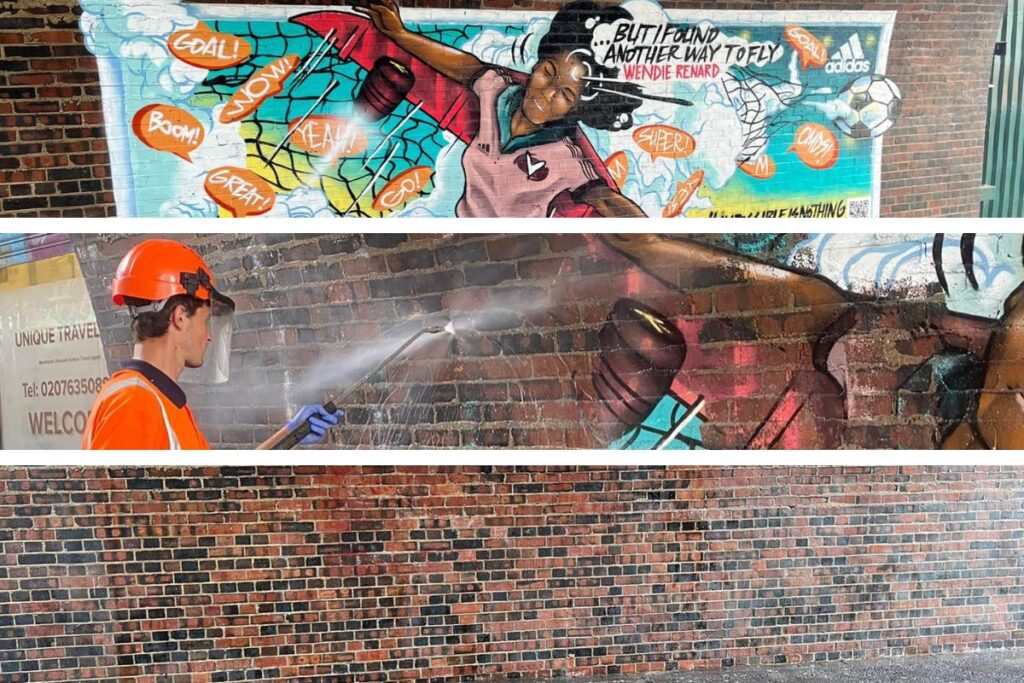 A strip of images showing a brick wall covered in colourful graffiti, a Vinci Response technician removing the graffiti and finally the brick wall clear of graffiti.