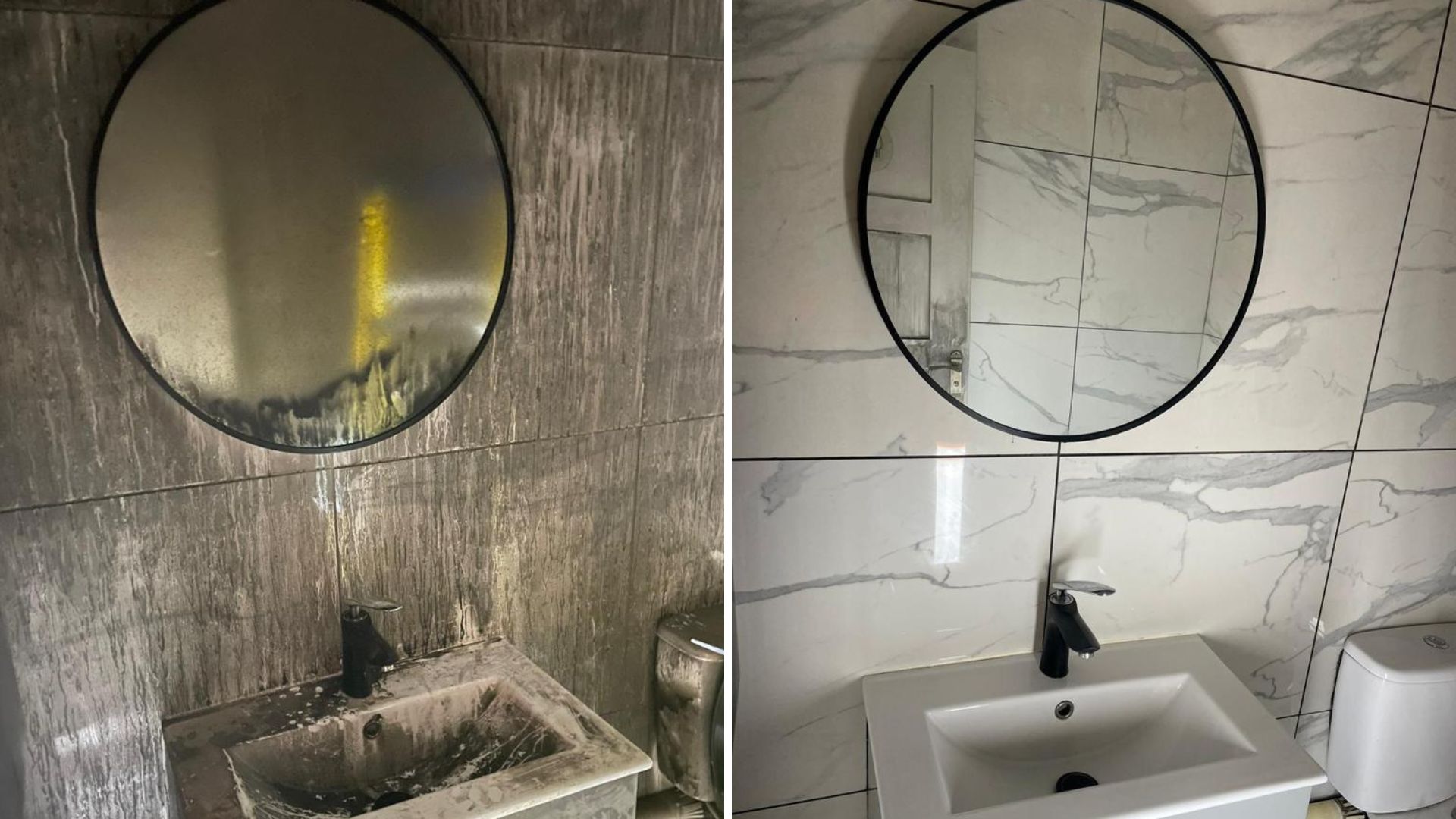 A before and after image of a fire damaged basin and mirror.