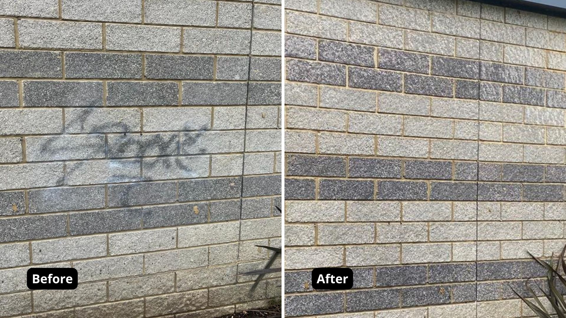 Before and after image of graffiti removed from a brick wall.