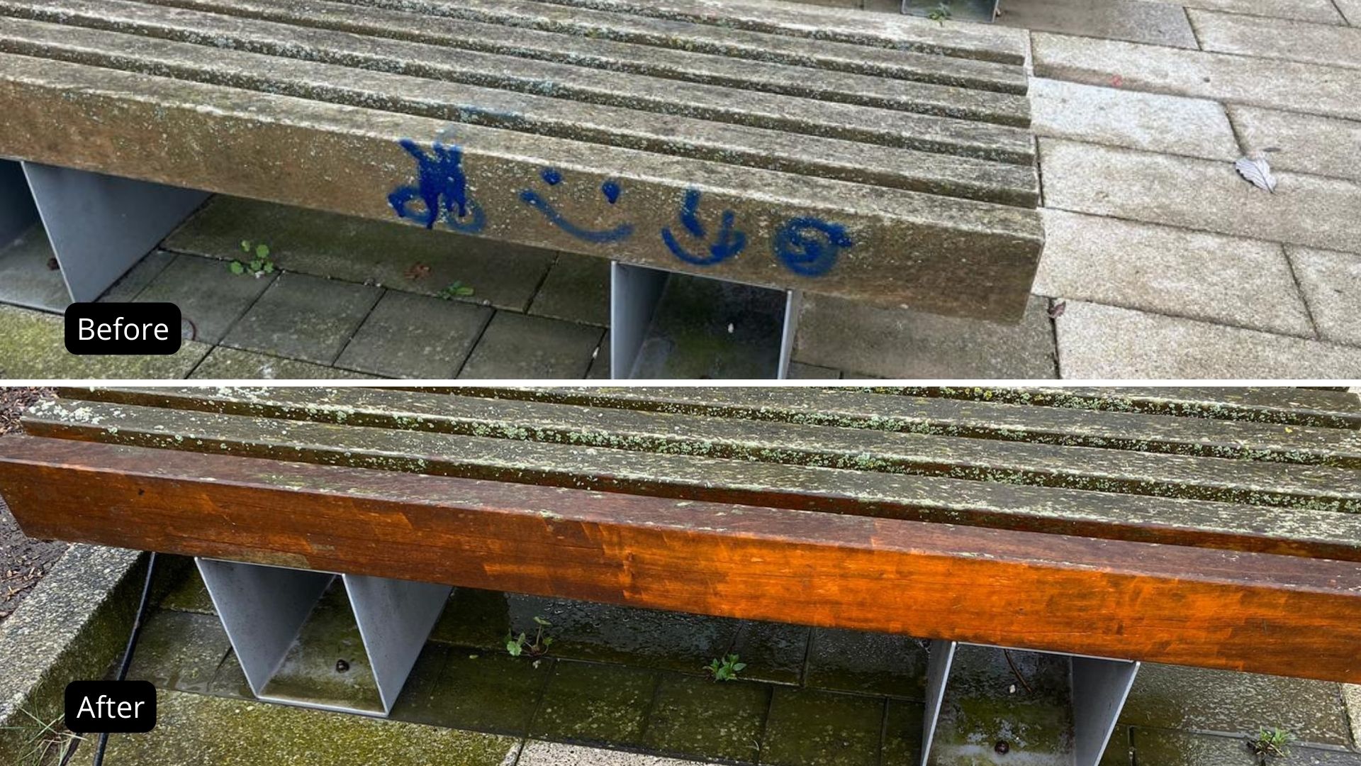 Before and after image of graffiti on a wooden bench