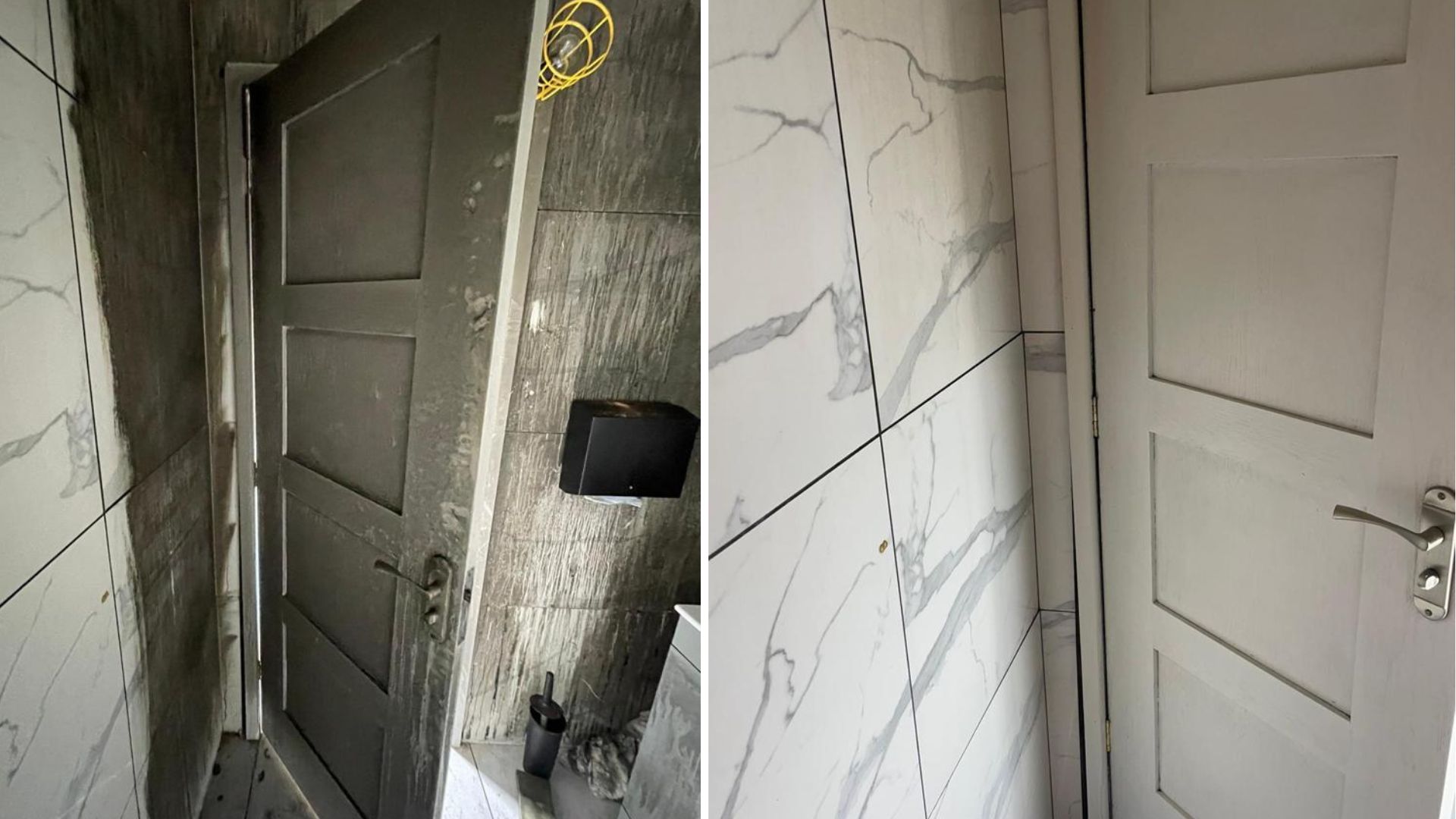 A before and after image of a fire damaged bathroom door and tiled wall.
