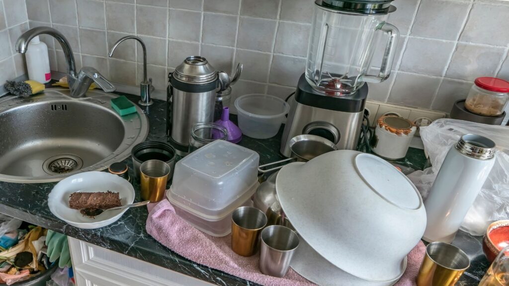 A messy kitchen in a hoarder's house.