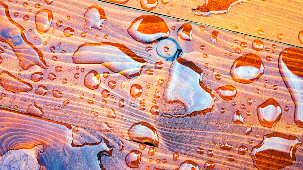 Drops of water on a wooden floor board to help illustrate the best ways to repair wood floors damaged by water.