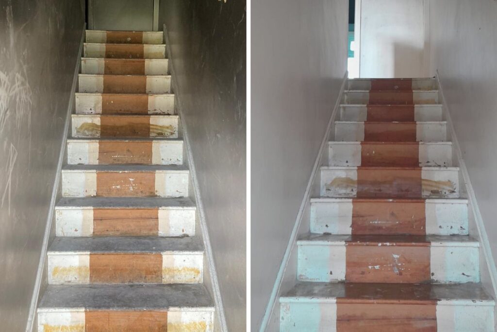 A before and after image of a stairwell. The stairwell to the left is covered in soot with dark, grey walls. The stairwell to the right has had the soot removed and walls painted white.