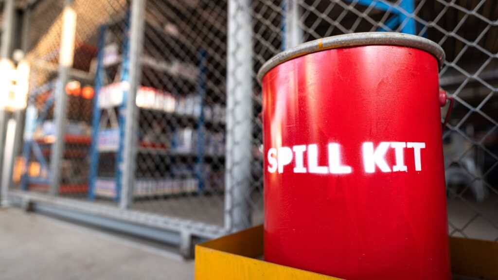 A red drum with 'SPILL KIT' stamped across it to help illustrate Vinci Response's emergency spillage procedures.