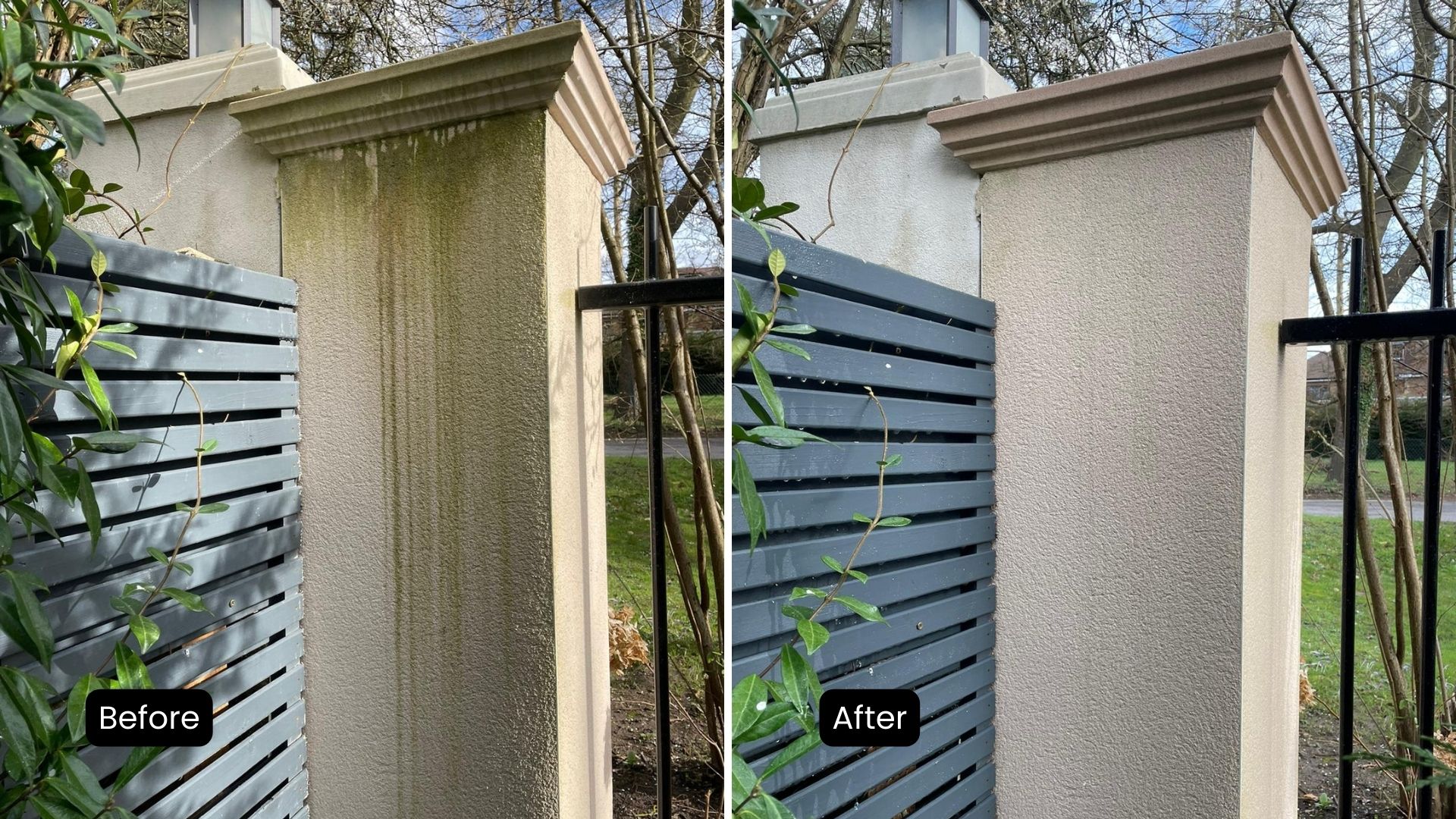 A before and after view of a stone pillar that has been cleaned by Vinci Response.