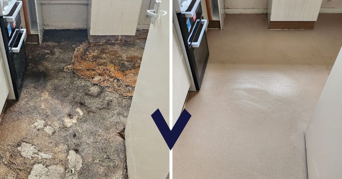 Side-by-side comparison showing a kitchen floor with severe mould and water damage, cleaned to a safe, hygienic condition