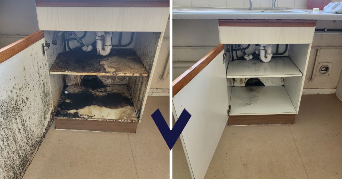 Before and after images of a heavily water-damaged and mouldy kitchen cabinet professionally cleaned and restored.