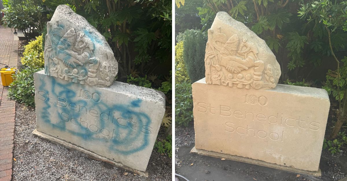 Before and after image of a stone sculpture that has had blue graffiti professionally removed.