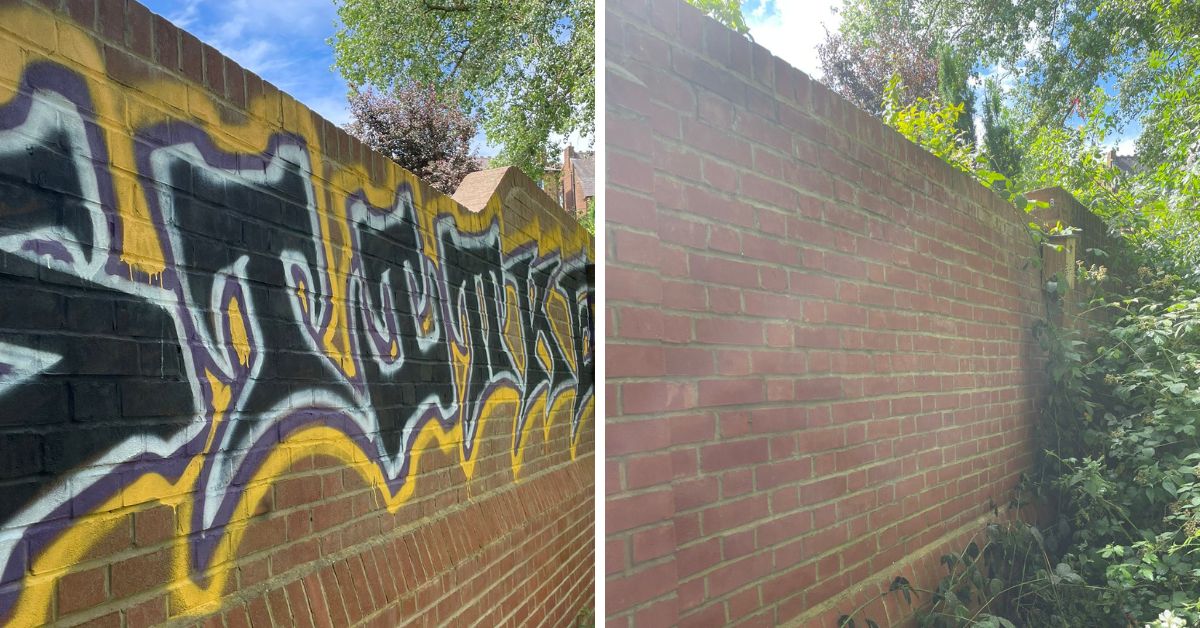 A before and after image of a brick wall that has had yellow, black and white graffiti professionally removed.