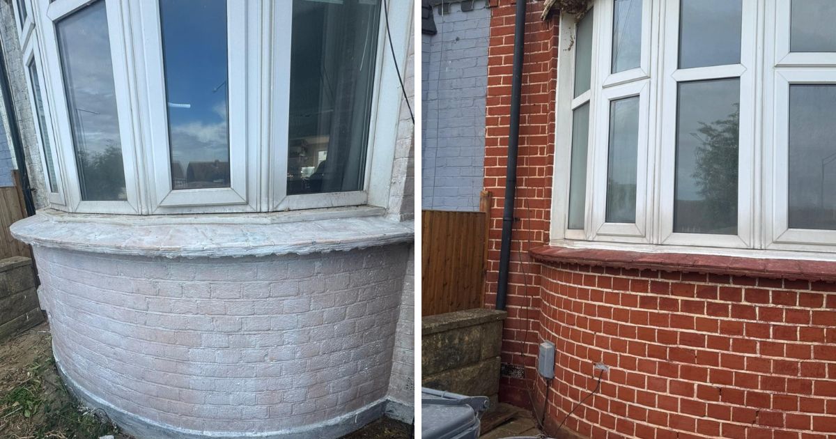 Before and after of a brick bay window to help illustrate Vinci Response's brick cleaning services.