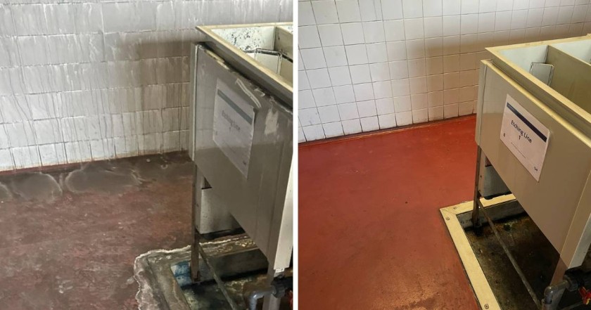 A before and after of commercial kitchen equipment following a fire.
